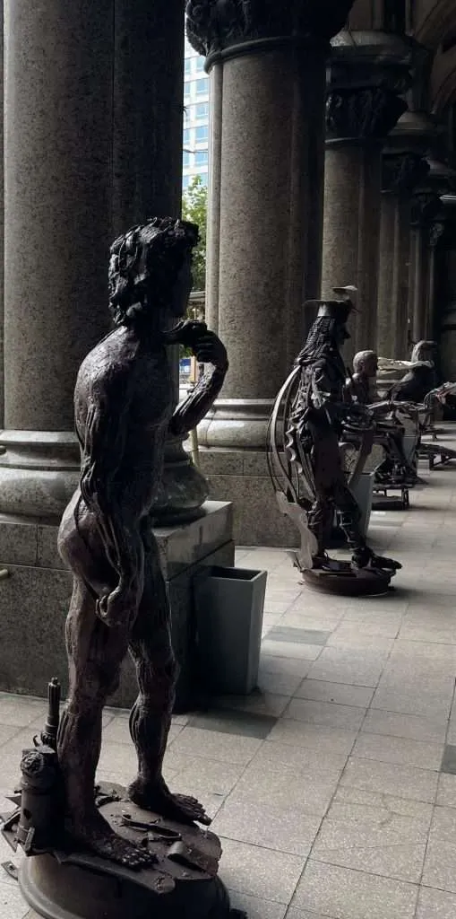 Artworks and statues outside Palacio Salvo in Montevideo Uruguay