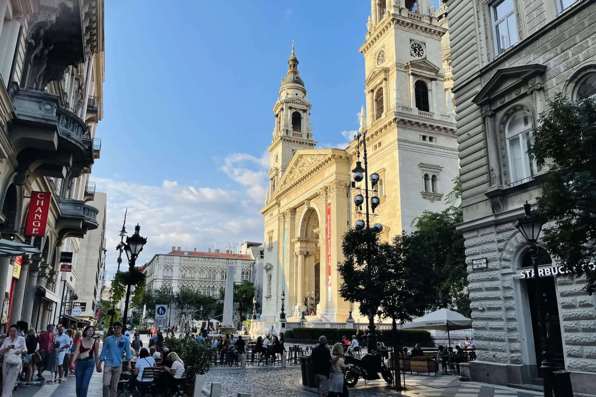 Cafe lined streets of central Budapest Hungary
