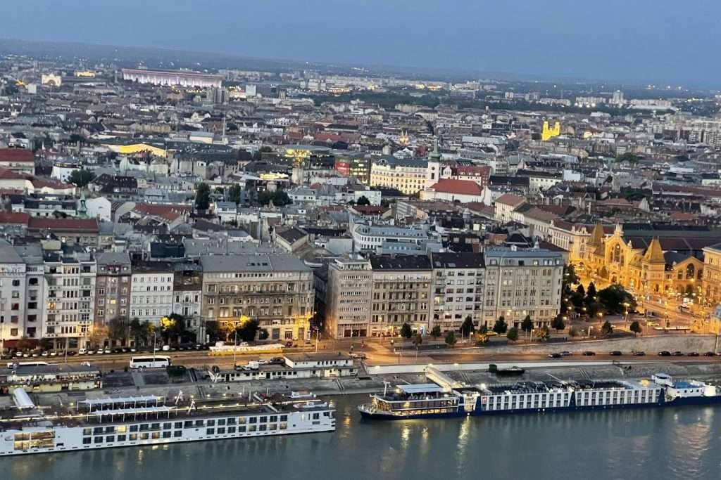 Cruise ships on Danube sunset from Gellért-hegy