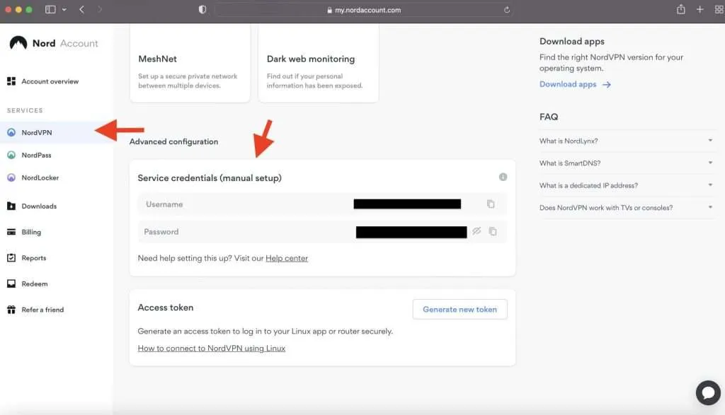 Credentials for NordVPN Manual Install