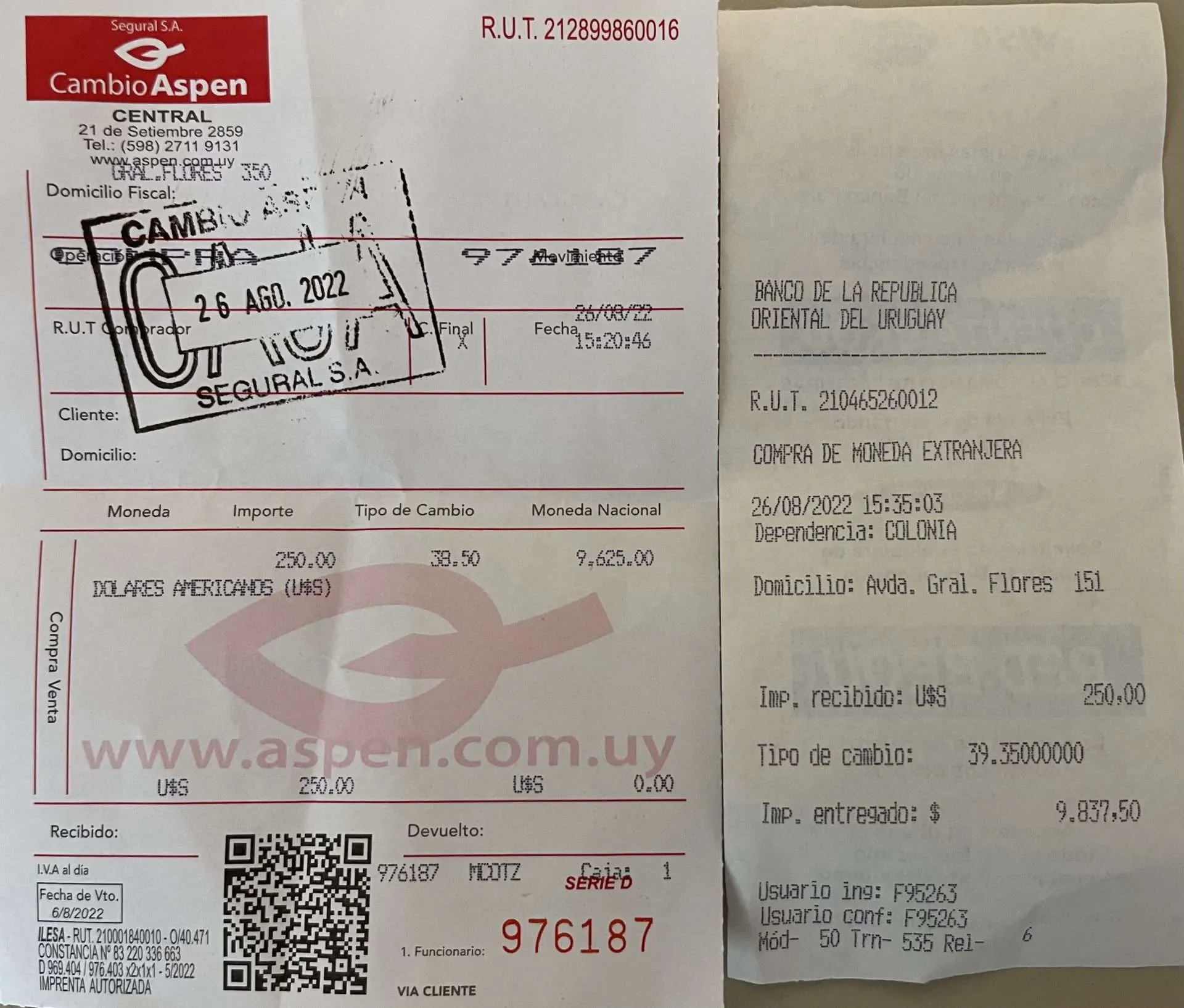currency exchange receipts Uruguay