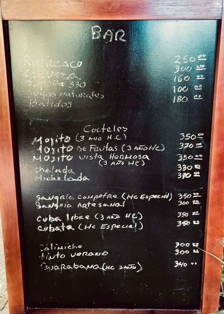Bar menu at Finca Vista Hermosa