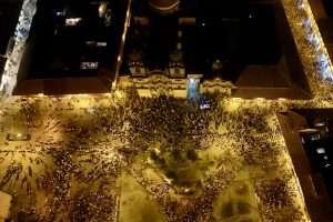 Cusco Plaza de Armas from above at night during a festival