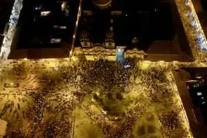 Cusco Plaza de Armas from above at night during a festival