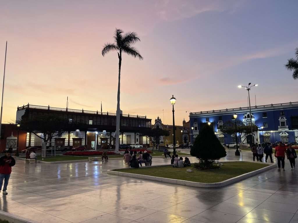 Sunset over Trujillo's Plaza de Armas