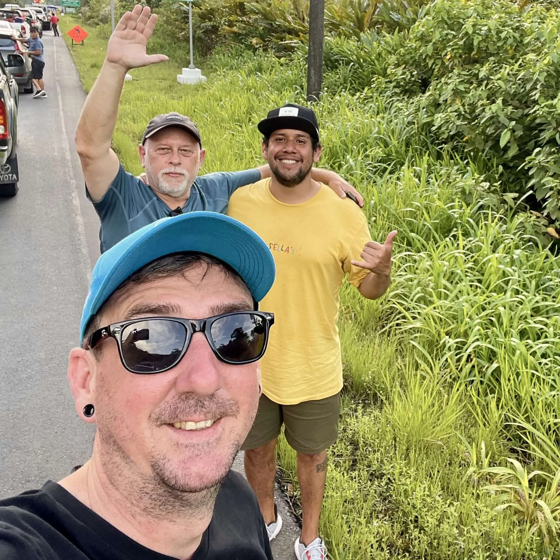 Kieran of In Lovely Blue arriving in Tambopata by road with Diego from Just Cruising Around and Marco of Bloody Bueno Peru