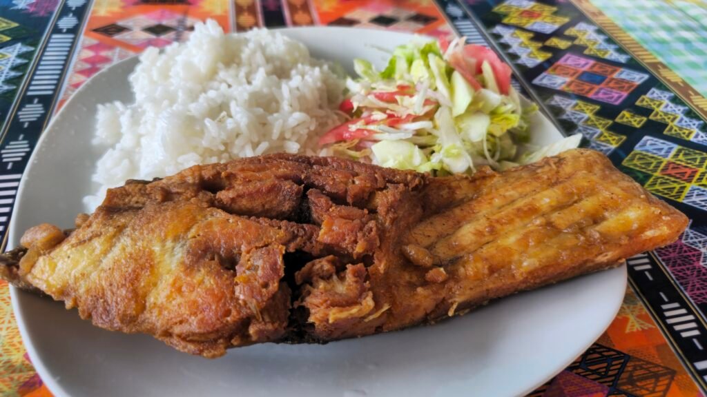 A plate of traditional fried Paco fish served with white rice and fresh salad on a colorful Peruvian tablecloth.