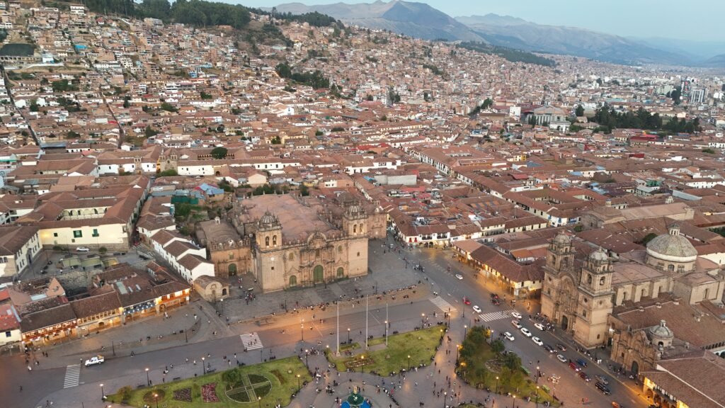 Above Cusco's famous Plaza de Armas during it's golden hour sunset. 