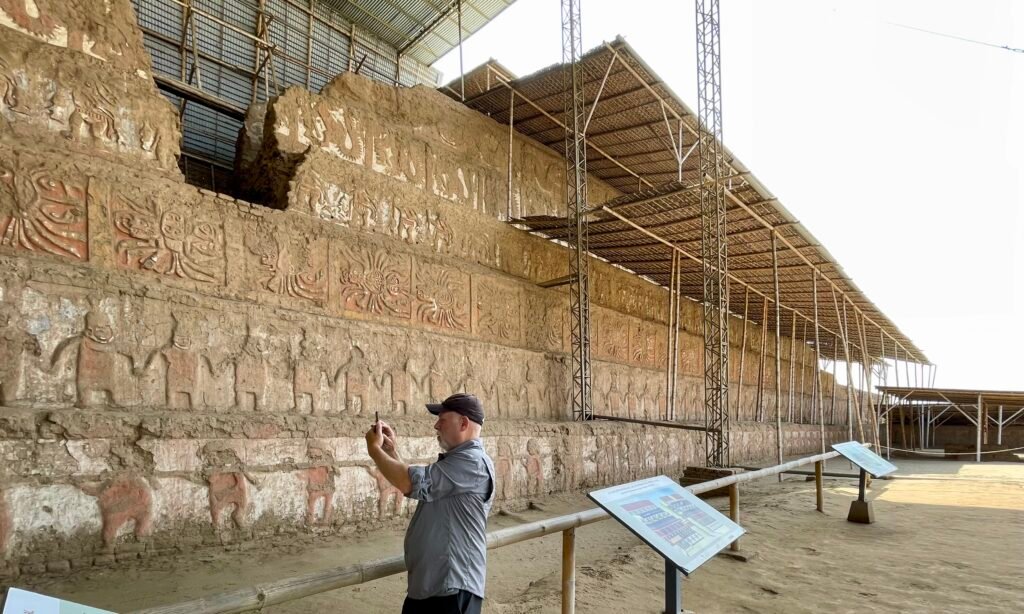 A close view highlighting the massive scale and layers of the adobe construction at the Huacas de Moche site near Trujillo.