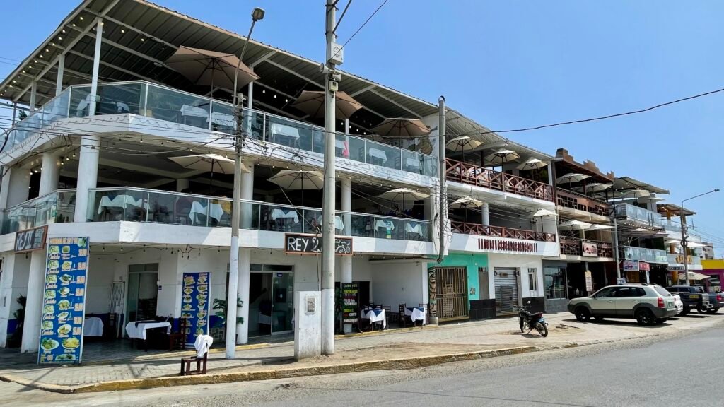 A multi-story row of restaurants along the Huanchaco waterfront, showing the town's coastal architecture and outdoor seating areas.